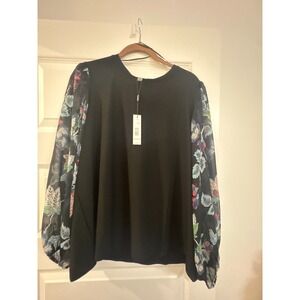 Tahari Shirt Womens 1X Black Plus Size Chiffon Sheer Floral Sleeve Top Blouse
